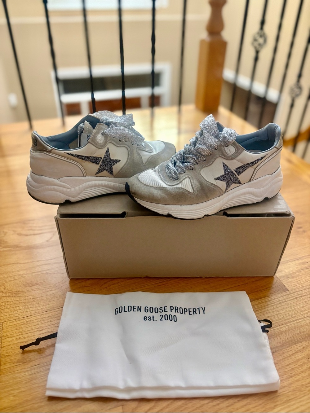 Golden Goose Running Sneakers with Silver Glitter Star
